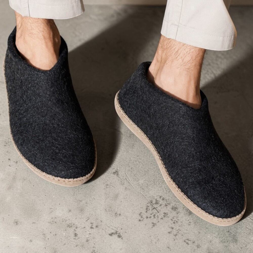 Glerups Shoe Charcoal Wool Slipper With Leather Bottom Men EU 43 US 10 Wom US 12